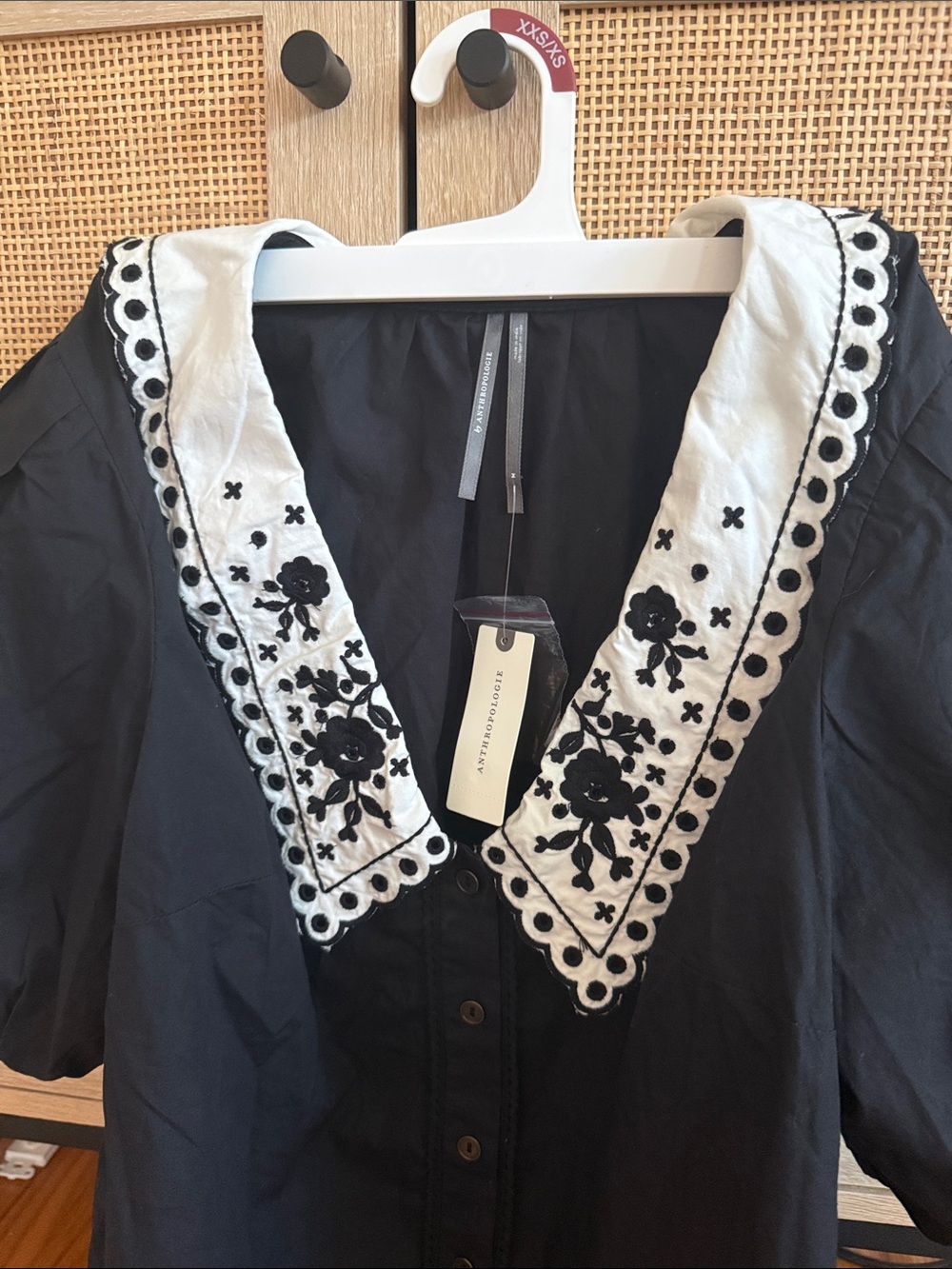Maeve Black Puff-Sleeve Blouse with Embroidered White Collar - Picture 3 of 5